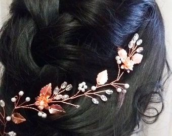 Rose gold hair piece wedding hair vine, Babys breath piece Bridal crystal hair piece Leaf hair accessory  Extra Long Wedding Hair Piece