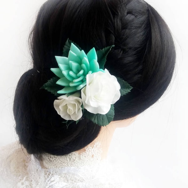 Peigne à cheveux de mariage, pince à cheveux florale, accessoire de cheveux succulent menthe, pièce de cheveux de mariée, postiche de mariée, cadeau de demoiselle d'honneur, pince à cheveux fleur