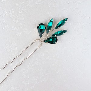 Bridal Crystal hair pins, Wedding rhinestone hair accessories, Bridesmaid hair pins Emerald / Silver