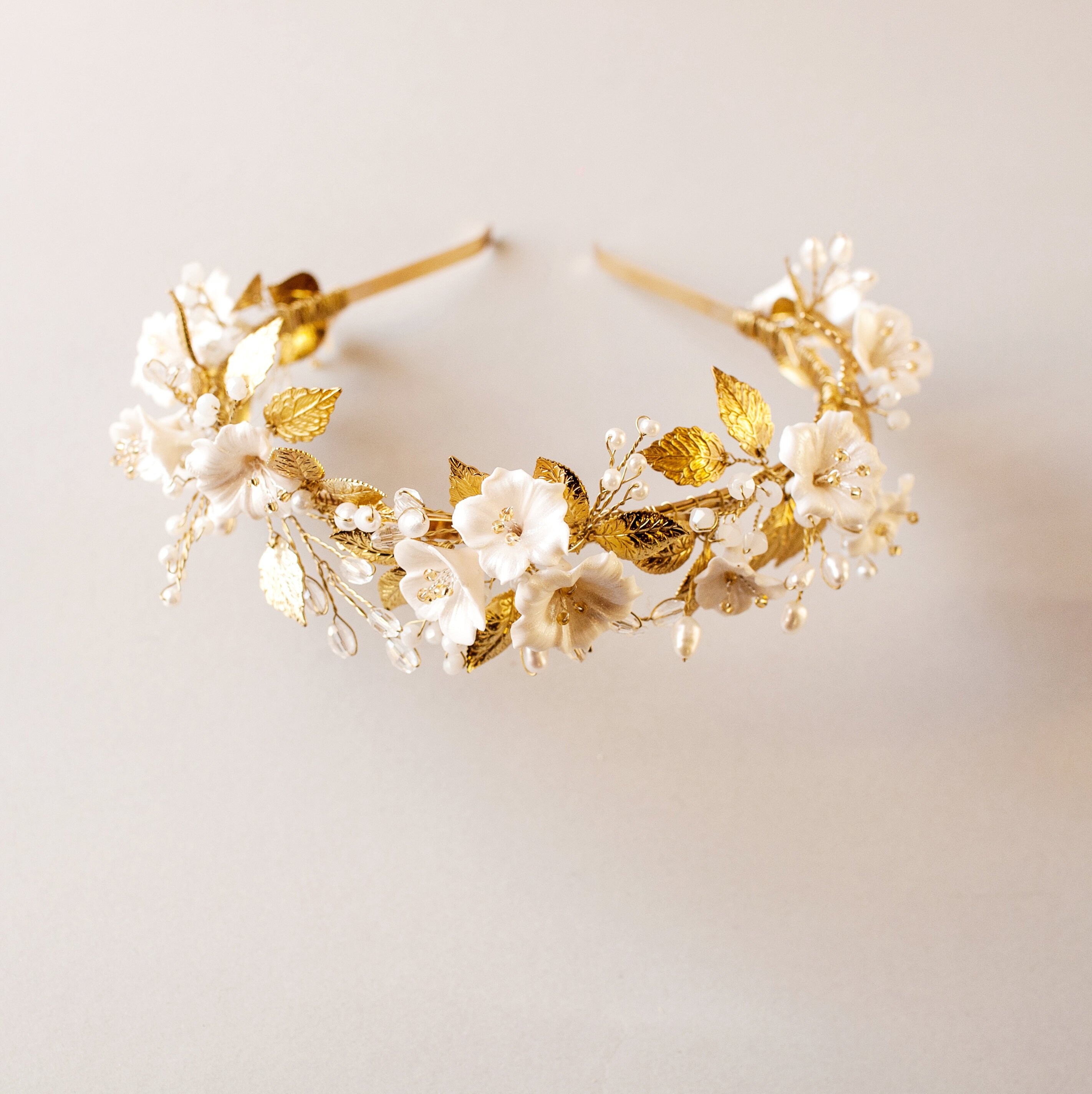 Bridal Gold tiara with pearls & crystals Gold crown Etsy