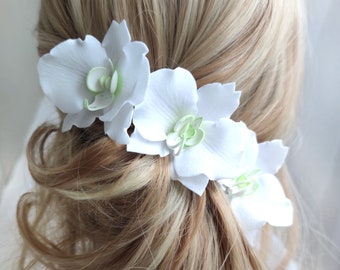 White orchid hair clip Real touch orchid headpiece Wedding hawaii pink flower hair pin Beach hair accessory Tropical head piece