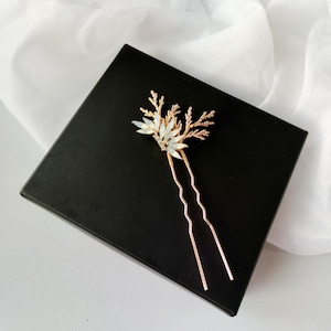 Bridal hair pin with white opal and gold leaves, Hair piece for wedding,  Hair accessories  BR-201