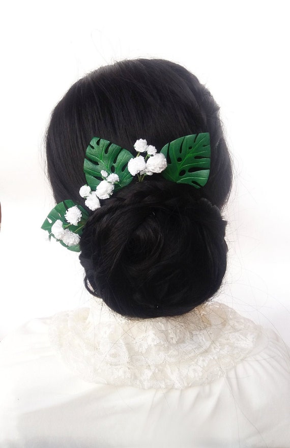 Wedding Hair Pin With Monstera Leaf White Gypsophila Hair Etsy