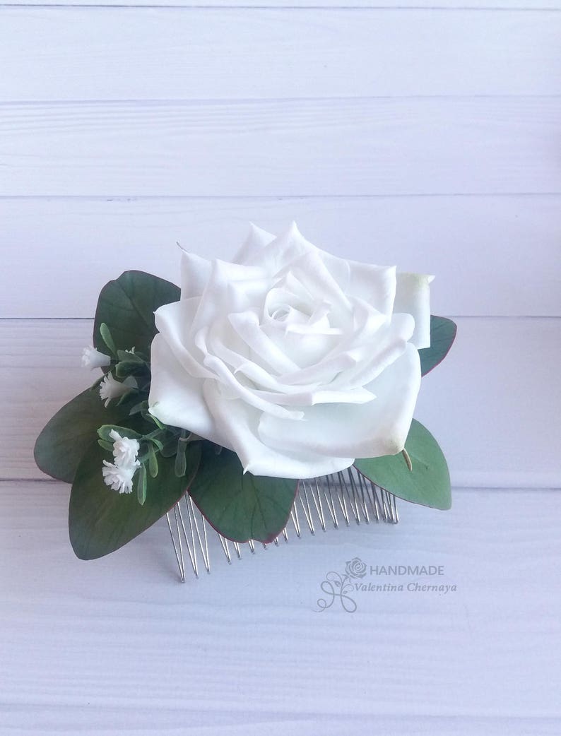 Bridal flower hair clip Wedding headpiece White rose hair comb Leaf eucalyptus hair piece Bridesmaid foral hair pins