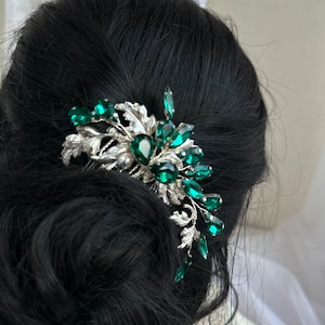 Emerald green hair comb, Bridal hair piece wedding emerald crystal and branch for bride, Green prom headpiece