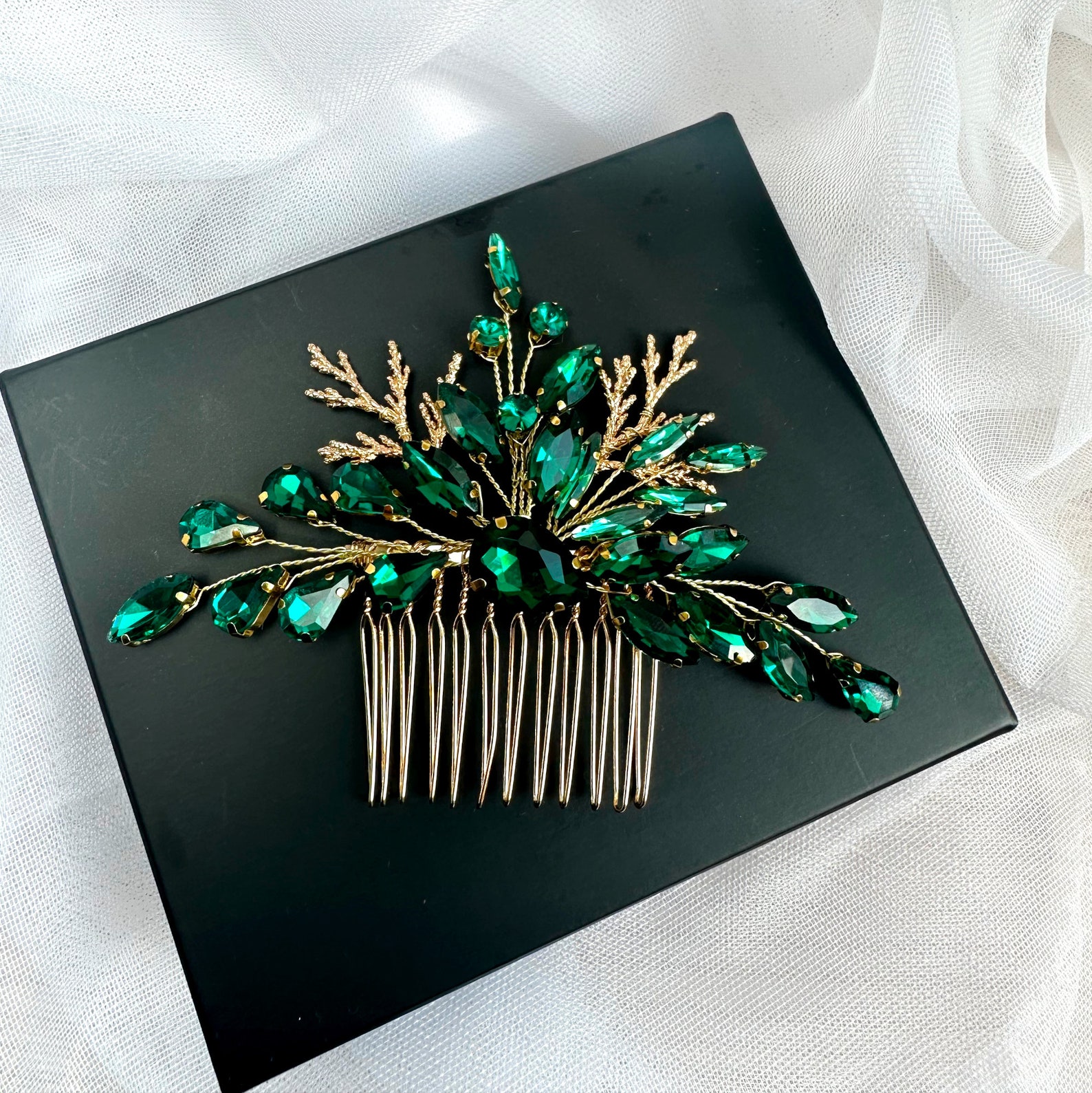 Emerald Green and Gold Hair Comb, Bridal Comb With Emerald Crystal and ...
