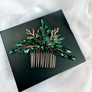 Smaragdgroene en gouden haarkam, Bruidskam met smaragdgroen kristal en tak voor bruid, Groen promhoofddeksel afbeelding 6