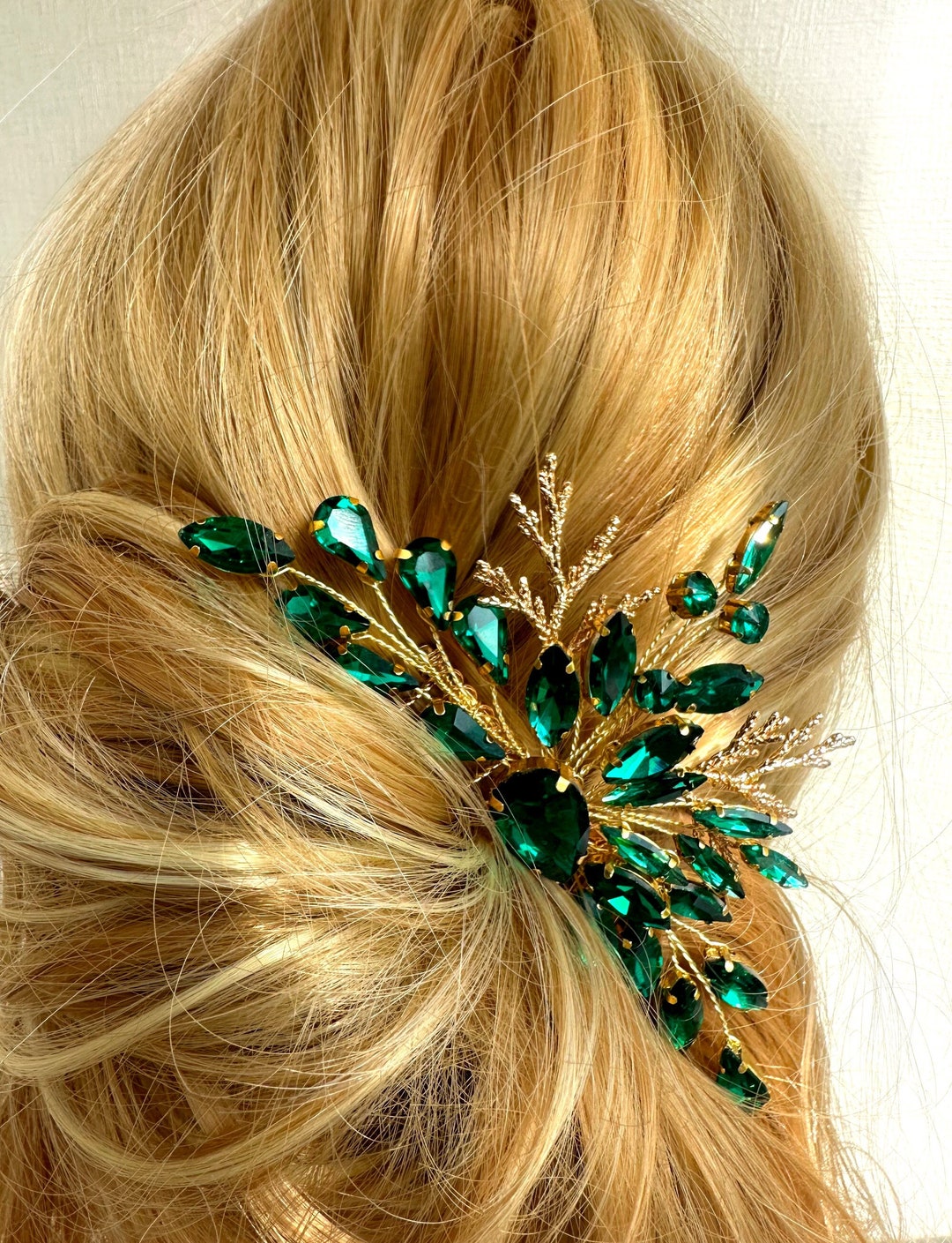 Emerald Green and Gold Hair Pieces for Wedding, Bridal Comb With