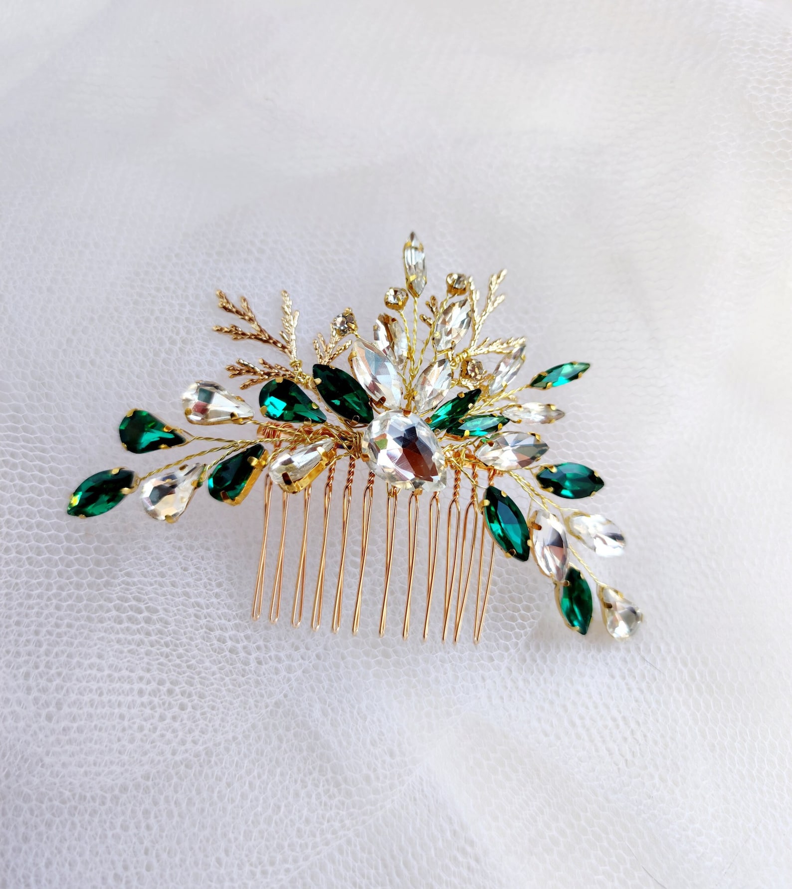 Emerald Green and Gold Hair Comb, Bridal Comb With Emerald Crystal and ...