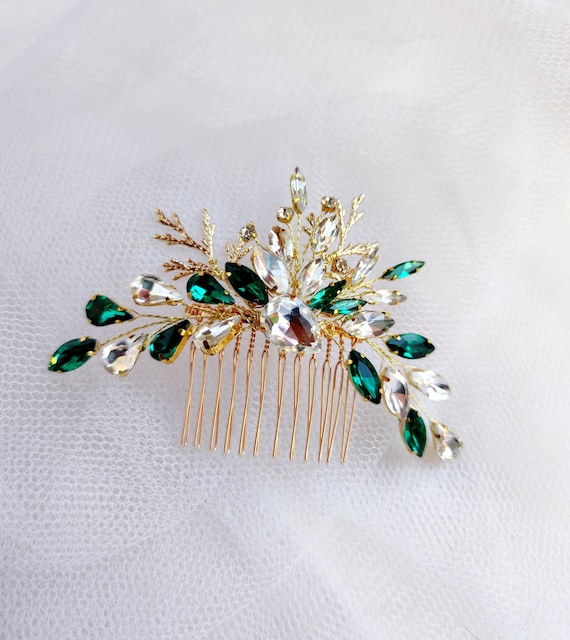 Elegant Green and Gold Hair Comb Emerald Wedding Hair Accessories, Pearl and Leaf Hair Comb  main image 4
