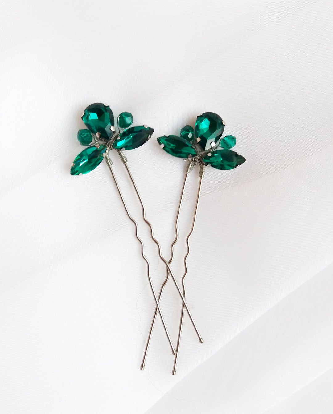Set of 2 Hair Pins With Emerald Green Crystals. Bridal Hair - Etsy