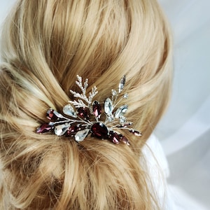 Bordeauxrood haarstuk voor bruiloft, zilveren bruidskam met smaragd kristal en tak voor bruid, haaraccessoires