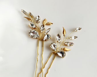 Gold hair accessories for bride, Bridal hair pins gold, Hair piece wedding green prom headpiece