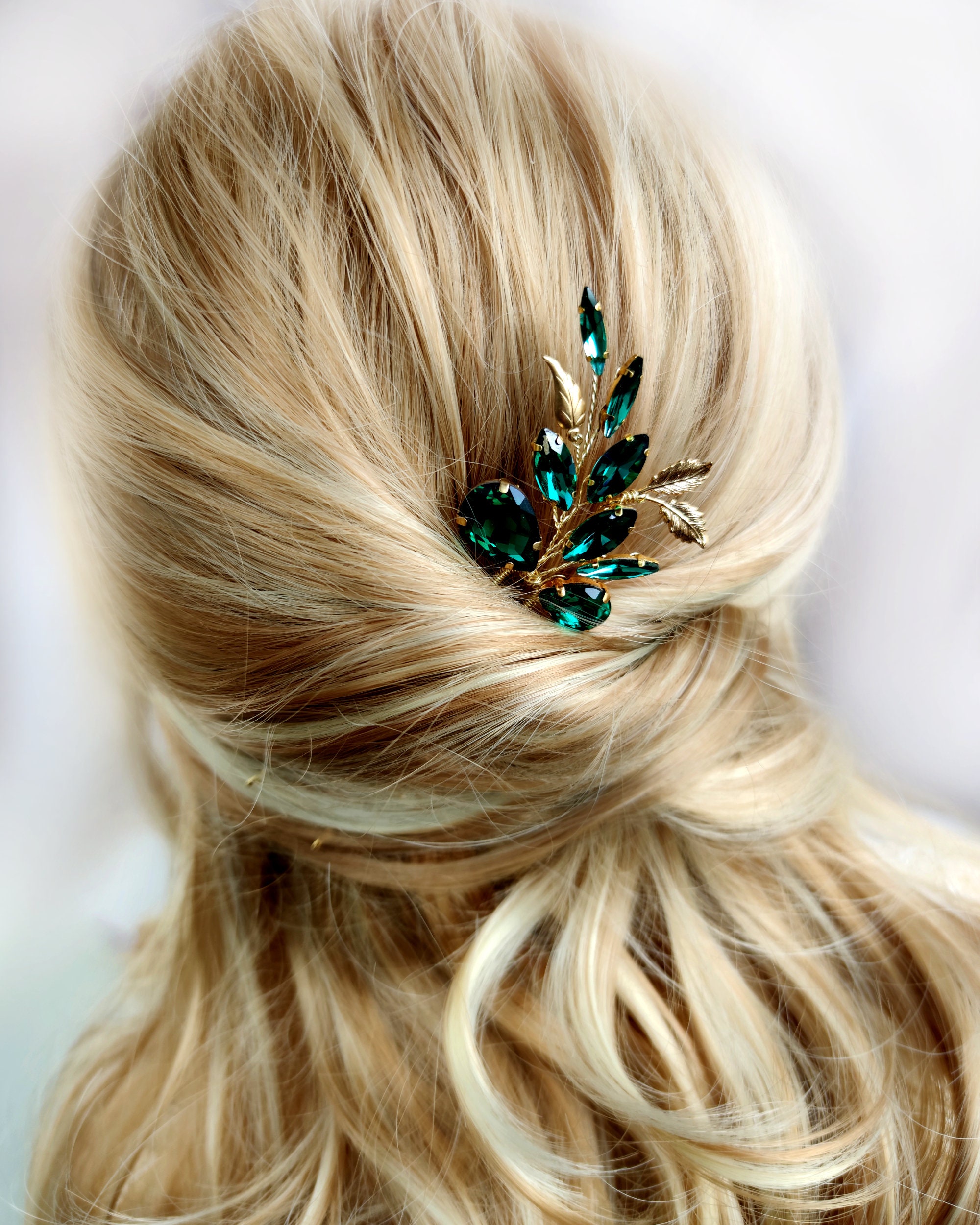 Denifery Bridal Hair Pin Emerald Gold Hair Piece Emerald Hair Clip Gold Green Ha il_fullxfull.4335645569_96qc.jpg main image 2