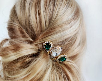 Bridal gold hair comb with emerald green and clear crystals, Wedding green hair piece, Bridesmaid hair pins Emerald hair jewelry bride