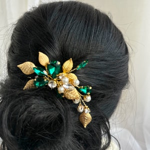 Accessoires de cheveux de mariage émeraude, peigne à cheveux perle et feuille, peigne à cheveux émeraude or pour mariée, peigne de mariage strass, casque de bal vert
