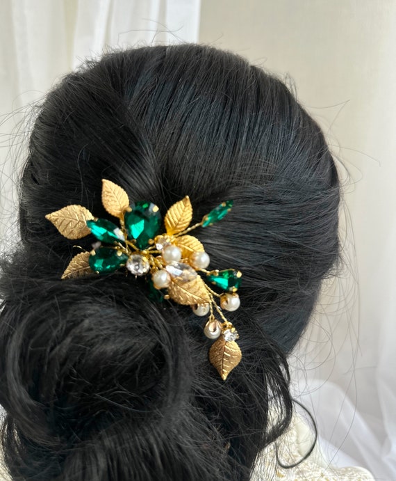 Elegant Green and Gold Hair Accessory Amazon.com : Brihasory Emerald Green Rhinestone Hair Pins  main image 2