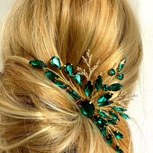 Smaragdgroene en gouden haarkam, Bruidskam met smaragdgroen kristal en tak voor bruid, Groen promhoofddeksel afbeelding 5