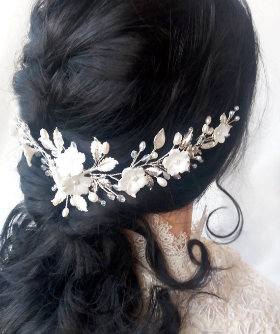 White Flower Hair Piece Bridal Pearl Silver Leaf Floral Hair Vine Accessory for Pearl Hair Vine, Silver Flower Hair Vine, Wedding Hair  main image 4