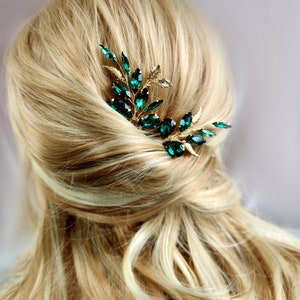 Emerald green hair accessories for bride, Bridal hair pins gold, Hair piece wedding green prom headpiece
