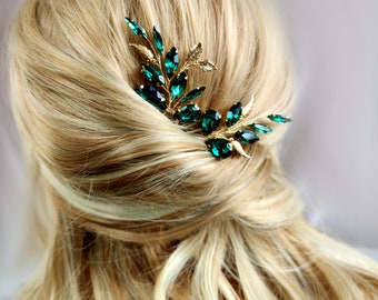 Emerald green hair accessories for bride, Bridal hair pins gold, Hair piece wedding green prom headpiece