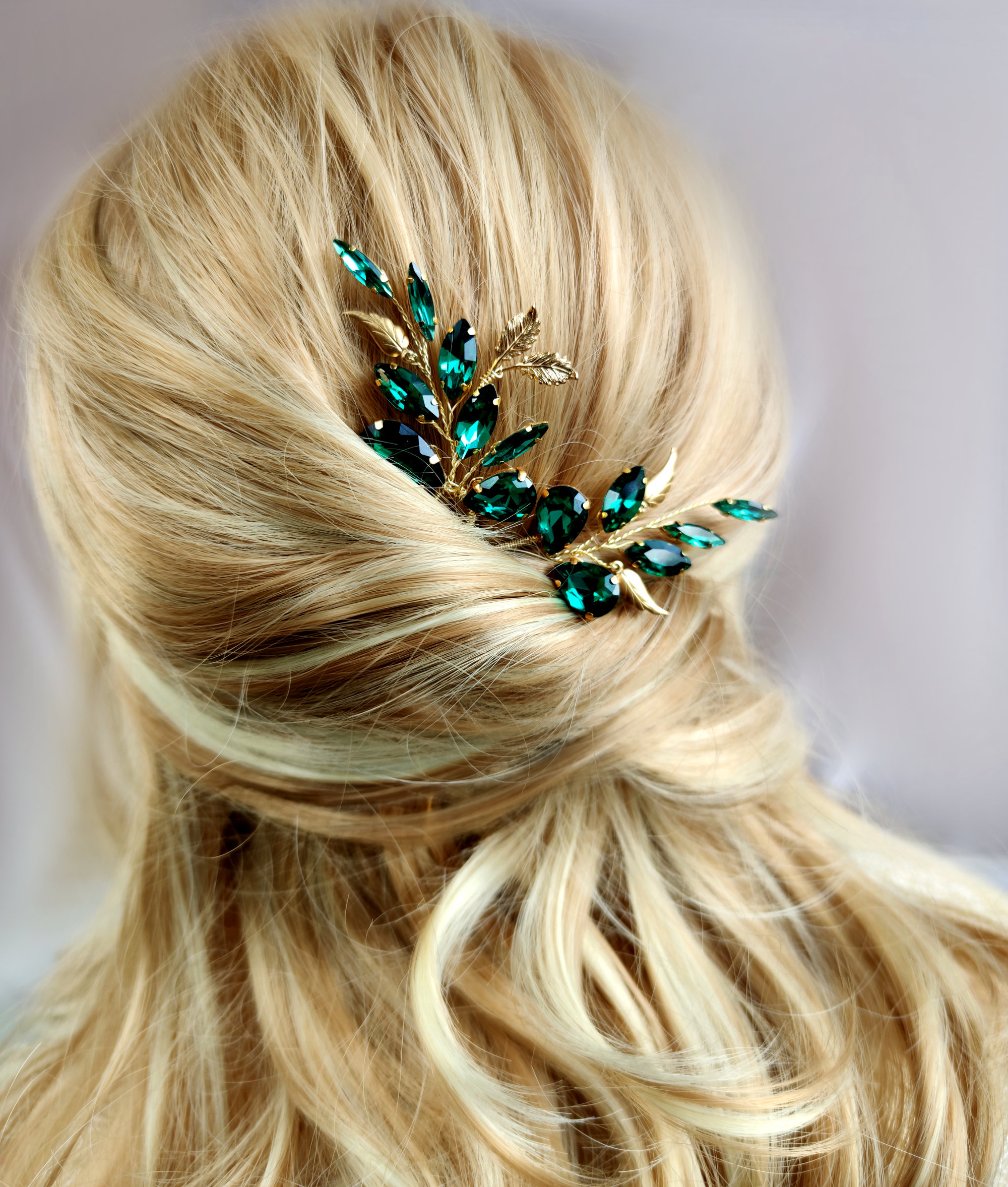 Emerald and Gold Hair Pin Emerald Hair Pin Emerald Hair Piece Emerald Green  Wedding Hair Pins Green Hair Clip Emerald Headpiece for Bride 