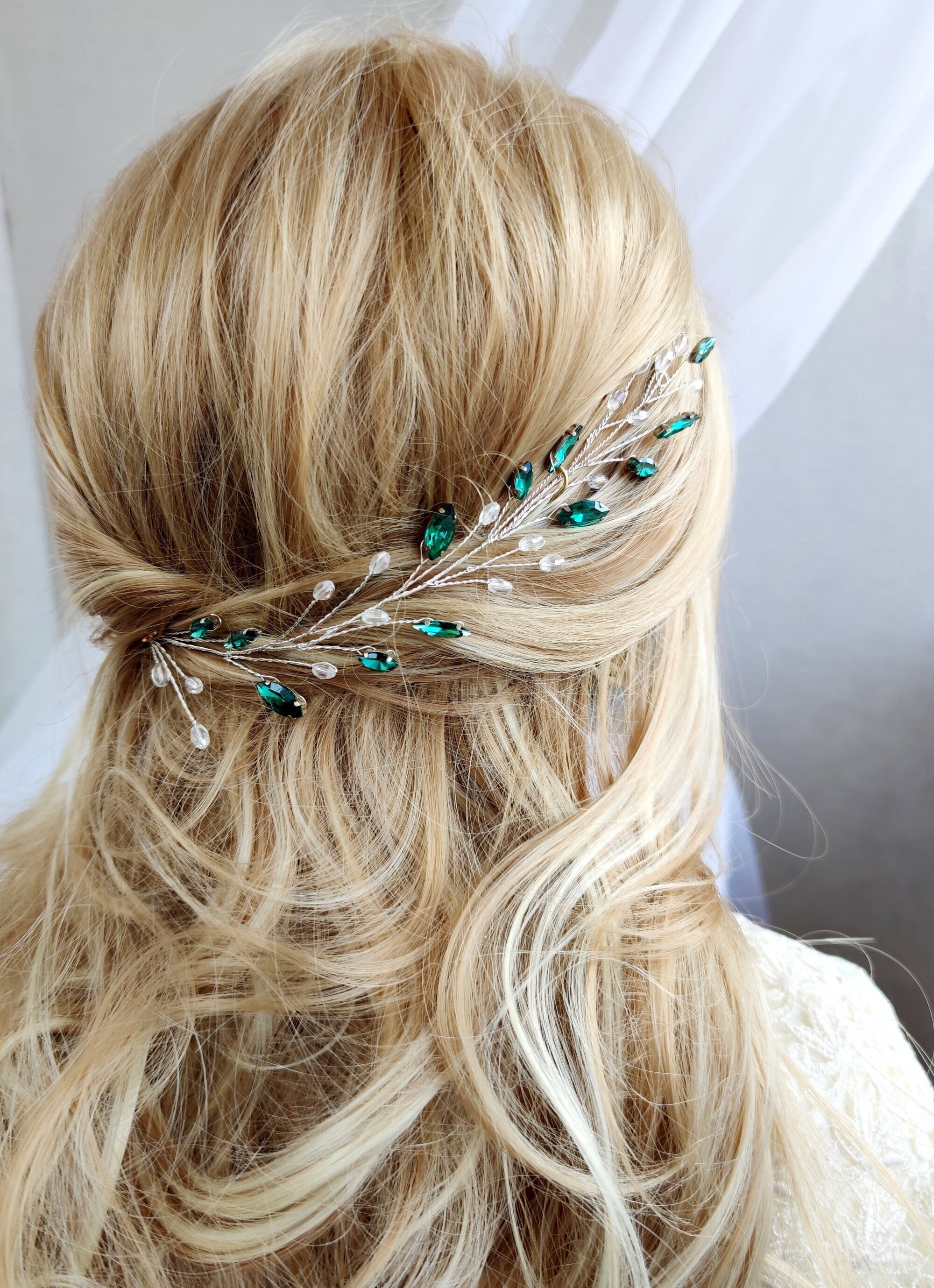 Green Bridal Hair Vine Crystal Headpiece Wedding accessory Women Party BETITETO Emerald Green Crystal Bridal Hair Comb - Gold Leaf  main image 2