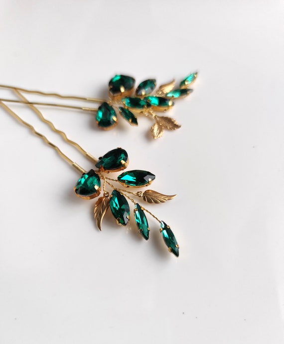 Emerald Green Hair Accessories for Bride, Bridal Hair Pins 