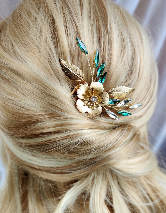 Emerald Wedding Hair Accessories, Gold Emerald Hair Comb for  display picture 1