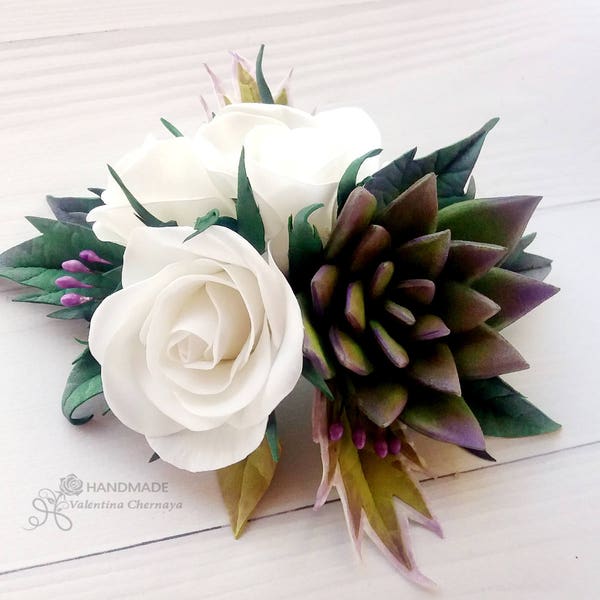 Succulent & rose hair comb for Bride, Wedding hair piece, Greenery  white flower hair clip, Bridal headpiece