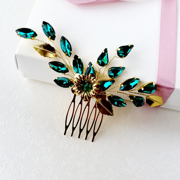 Emerald hair comb, Gold leaf hair pin with emerald crystal, Wedding hair piece for Bride, Bridal hairpiece