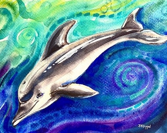 Dolphin Painting, Colorful Dolphin Art, Dolphin Watercolor Painting // ORiGINAL ART-- NOT A PRiNT // Cetacean Art, Spirit Animal, Porpoise
