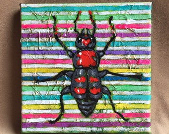 Beetle Painting, Insect Art, Bug Painting, Tiger Beetle, Kids Room Art, Original Painting on Canvas, Small, 6" x 6", Bright Colored Stripes