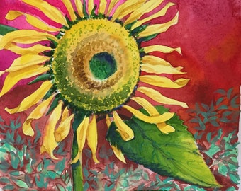 Sunflower Painting, Sunflower Watercolor, Original Watercolor Art, Yellow Sunflower, Flower Painting, 10" x 8", Yellow, Red,  Green