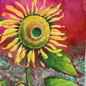 Sunflower Painting, Sunflower Watercolor, Original Watercolor Art, Yellow Sunflower, Flower Painting, 10&quot; x 8&quot;, Yellow, Red,  Green