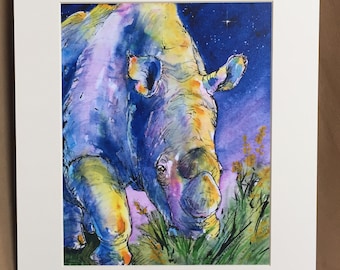 Rhino Art Print, Rhino Art, Rhino Print, Rhino Painting, Sudan Northern White Rhinoceros, 11 x 14 Matted Print Ready to Frame, Endangered