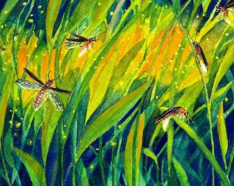 Firefly Art: Original Watercolor Painting, Insect Entomology