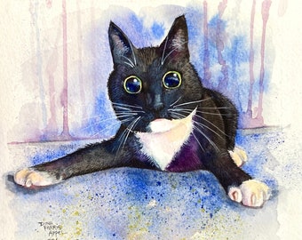 Cute Cat Watercolor Painting, Black and White Tuxedo Cat Art, Big Crazy Eyes //NOT A PRiNT // ORiGINAL ART // Kids Room Art, Playful, Funny