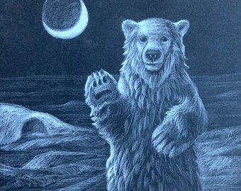 Polar Bear Drawing, Black and White Animal Art, Original One Of A Kind
