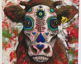 Vegan Art Print, Vegan Art, Vegan Print, Cow Art, Dia De Los Muertos Art Print, 11 x 11, Square Day Of The Dead Art