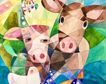 Watercolor Vegan Theme Painting // ORiGINAL PAINTING // NOT A PRiNT // Cow, Pig, Chicken, Farm Animals, We Are Not Food, Vegan Art, Abstract
