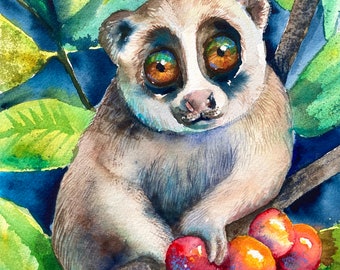 Jungle Animal Art, Rainforest Wall Decor, Slow Loris Watercolor Painting, Cute Animal Art, Original One of A Kind, Endangered Species Art