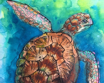 Sea Turtle Watercolor Painting, Honu Sea Turtle Art, One of A Kind Painting on Paper,  Marine Conservation, Sea Creature, Ocean Animal