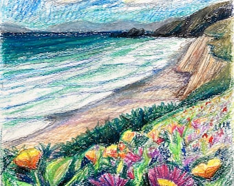 California Coastal Art, Beach Art, Original One of A Kind Oil Pastel Painting,  Pacifica California, Ocean, Seascape, Beach View, Landscape