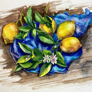 Watercolor Lemon Painting // ORiGINAL PAINTING // NOT A PRiNT // Watercolor Fruit, Lemon Art, Botanical Art, Kitchen Decor, Lemon Still Life