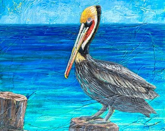 Pelican Painting, Pelican Art // One of A Kind Painting on Wood Panel // NOT A PRINT//  Marine Bird, Beach Animal Cute Wildlife Art