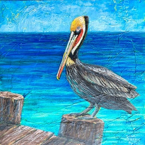 Pelican Painting, Pelican Art // One of A Kind Painting on Wood Panel // NOT A PRINT//  Marine Bird, Beach Animal Cute Wildlife Art