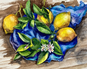 Watercolor Lemon Painting // ORiGINAL PAINTING // NOT A PRiNT // Watercolor Fruit, Lemon Art, Botanical Art, Kitchen Decor, Lemon Still Life