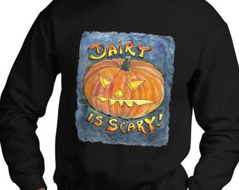 Dairy is Scary Sweatshirt, Unisex Sweatshirt, Vegan Sweatshirt, Pullover Crewneck Sweater, Vegan Halloween, Pumpkin, Vegan Gift, Soft