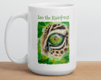 Save the Rainforest Mug, Amazon Rainforest Mug, Jaguar, Jungle Animal, Gift for Wildlife Conservation, Environmentalist, Jaguar, Big Cat
